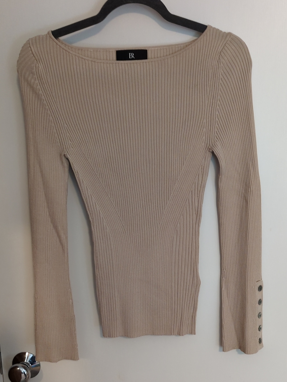 Banana Republic Beige Ribbed Boatneck Long-Sleeve Top with Button Cuffs